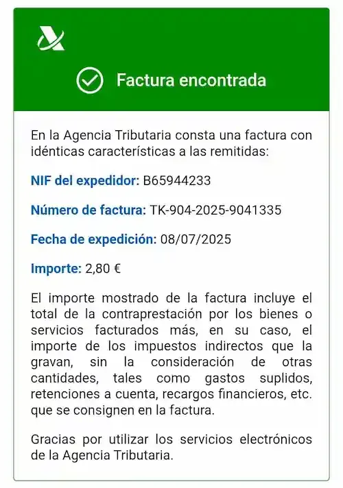 Ejemplo de ticket con código QR Verifactu verificado por la Agencia Tributaria