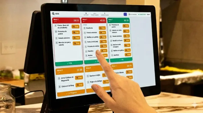Pantalla de cocina KDS mostrando pedidos en tiempo real en un restaurante